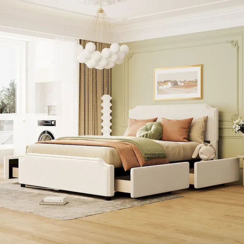 Velvet Fabric Upholstered Platform Bed with Stud Trim Headboard and Footboard and 4 Drawers No Box Spring Needed