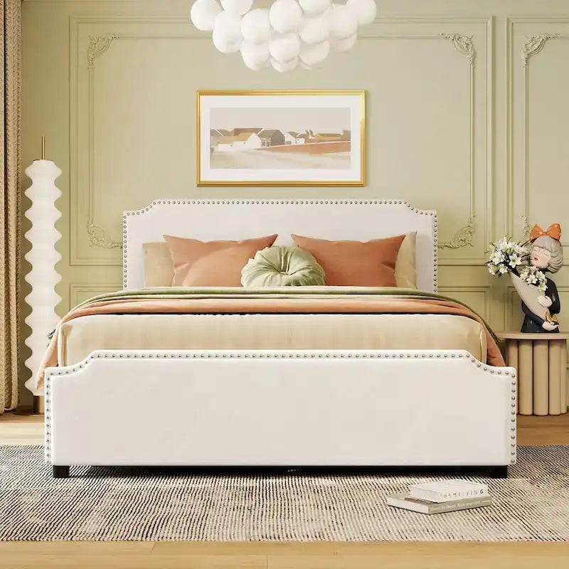 Velvet Fabric Upholstered Platform Bed with Stud Trim Headboard and Footboard and 4 Drawers No Box Spring Needed