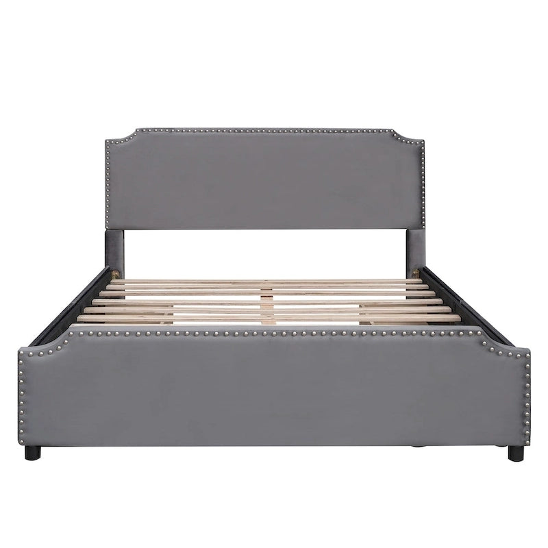 Velvet Fabric Upholstered Platform Bed with Stud Trim Headboard and Footboard and 4 Drawers No Box Spring Needed