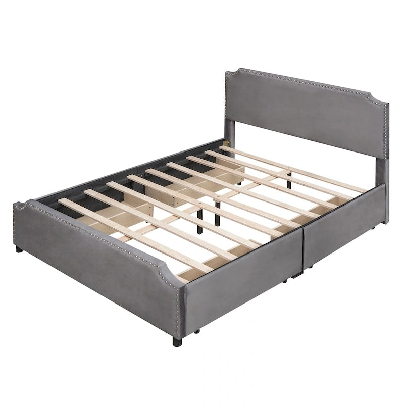 Velvet Fabric Upholstered Platform Bed with Stud Trim Headboard and Footboard and 4 Drawers No Box Spring Needed