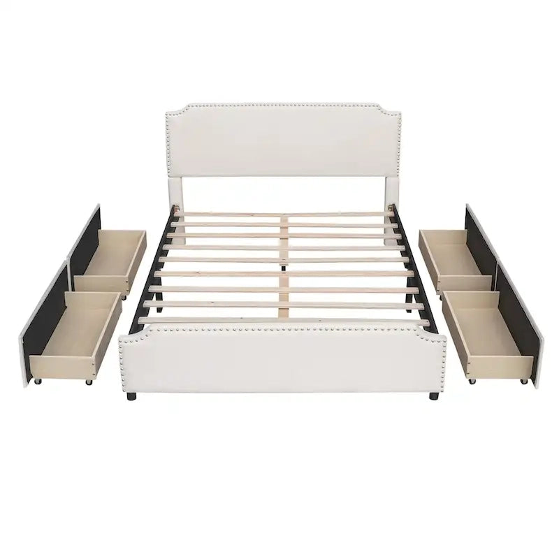 Velvet Fabric Upholstered Platform Bed with Stud Trim Headboard and Footboard and 4 Drawers No Box Spring Needed