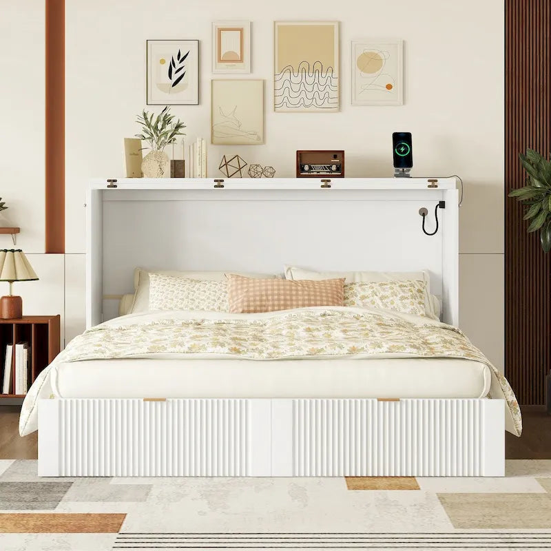 Queen Size Murphy Bed Wall Bed with drawer and a set of Sockets