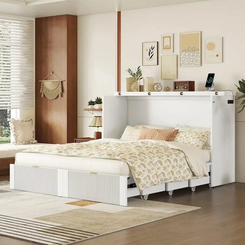 Queen Size Murphy Bed Wall Bed with drawer and a set of Sockets