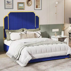Queen Size Upholstered Bed Frame with 59.06 Headboard and Golden Plating Trim