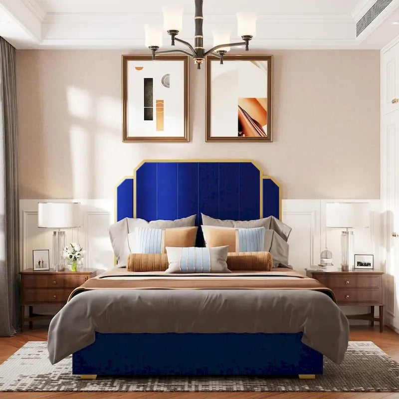 Queen Size Upholstered Bed Frame with 59.06 Headboard and Golden Plating Trim