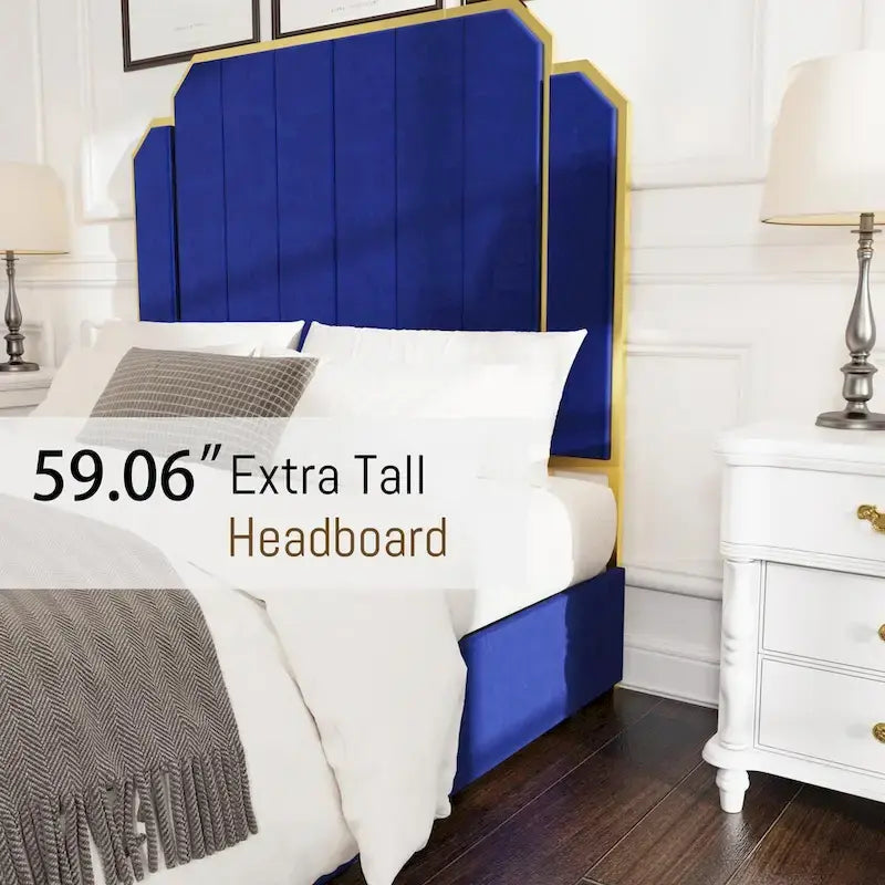 Queen Size Upholstered Bed Frame with 59.06 Headboard and Golden Plating Trim