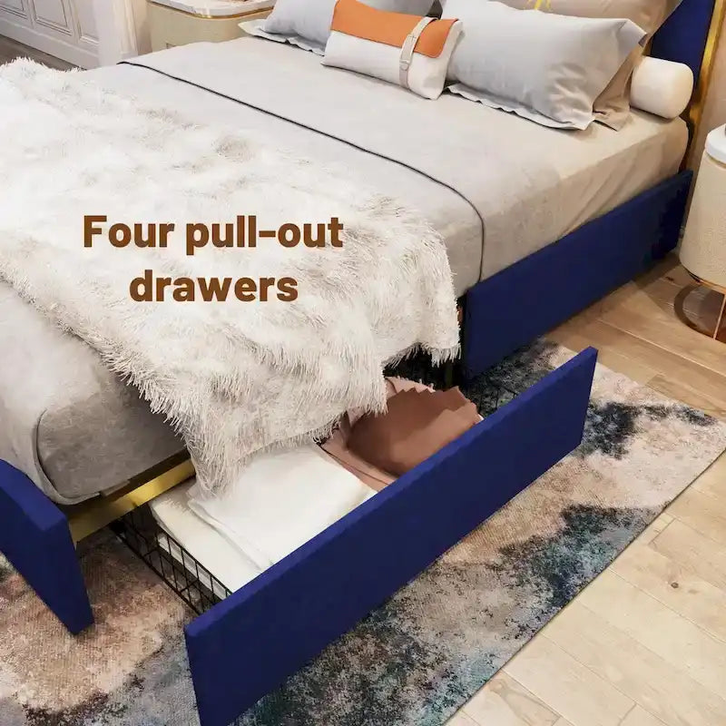 Queen Size Upholstered Bed Frame with 59.06 Headboard and Golden Plating Trim