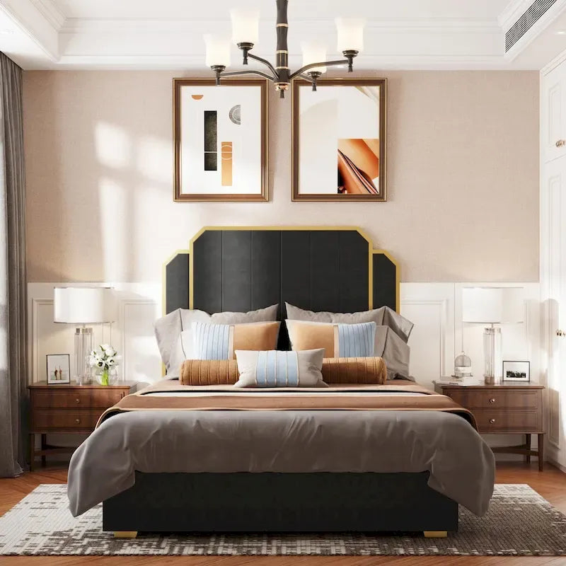 Queen Size Upholstered Bed Frame with 59.06 Headboard and Golden Plating Trim