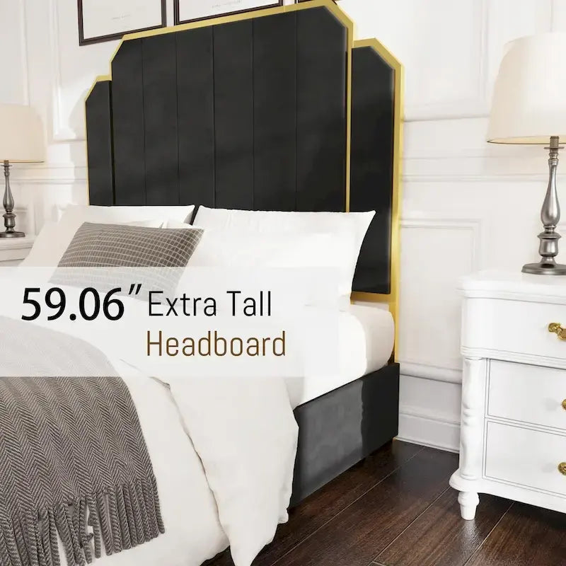 Queen Size Upholstered Bed Frame with 59.06 Headboard and Golden Plating Trim