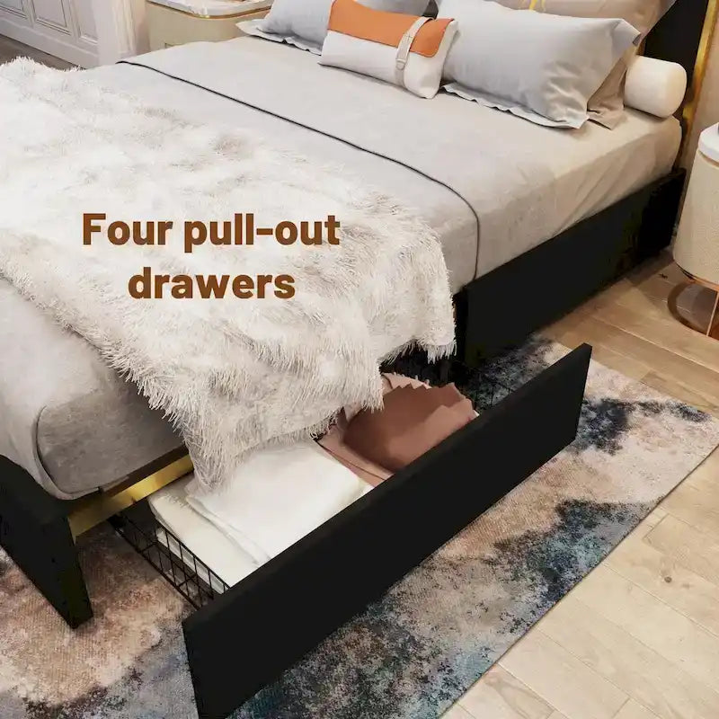 Queen Size Upholstered Bed Frame with 59.06 Headboard and Golden Plating Trim