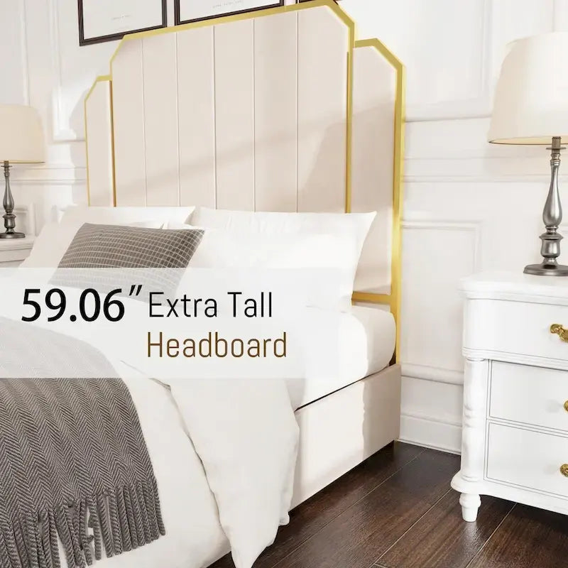 Queen Size Upholstered Bed Frame with 59.06 Headboard and Golden Plating Trim