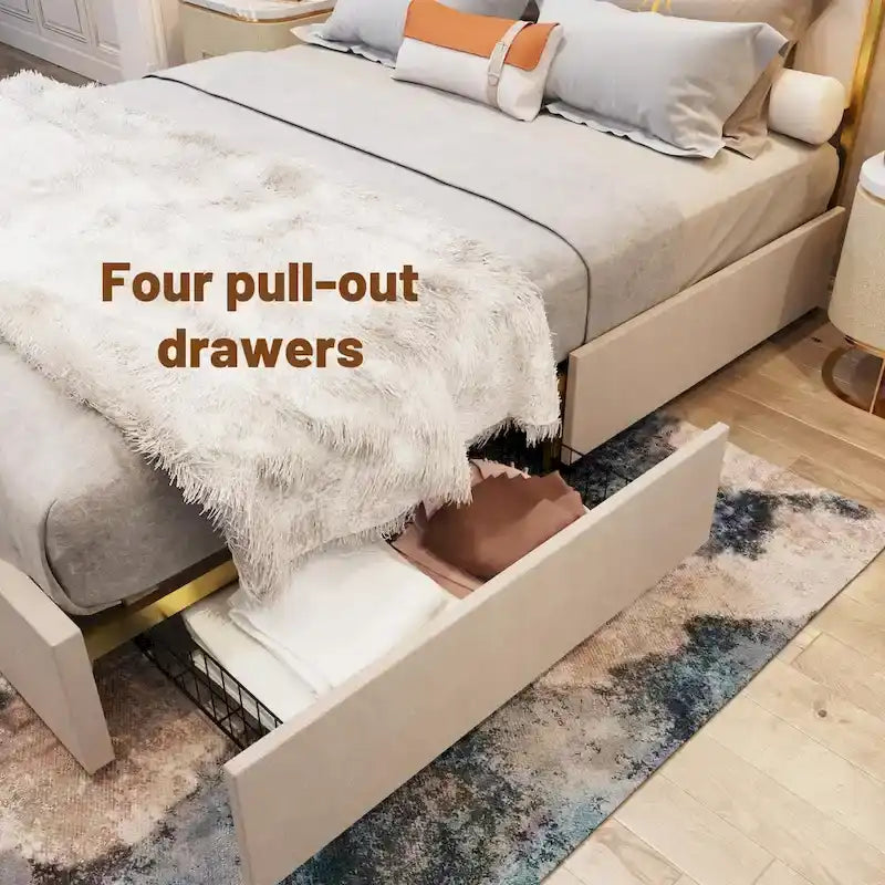 Queen Size Upholstered Bed Frame with 59.06 Headboard and Golden Plating Trim