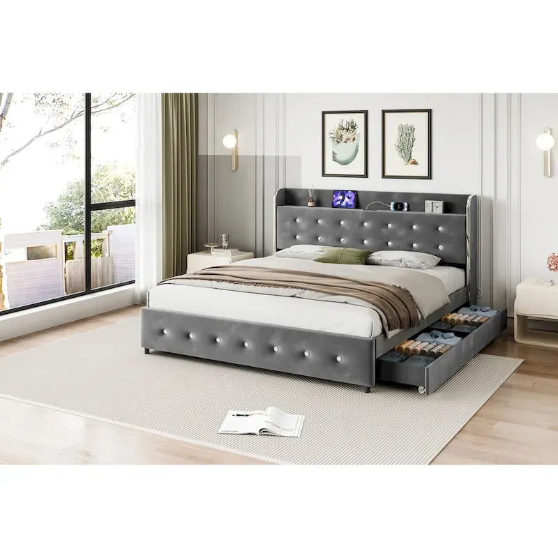 Upholstered Platform Bed Frame with Trundle and 4 Storage Drawers