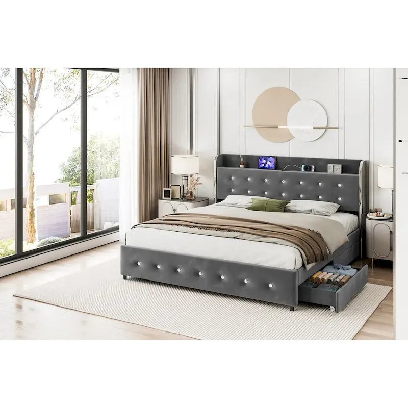 Upholstered Platform Bed Frame with Trundle and 4 Storage Drawers
