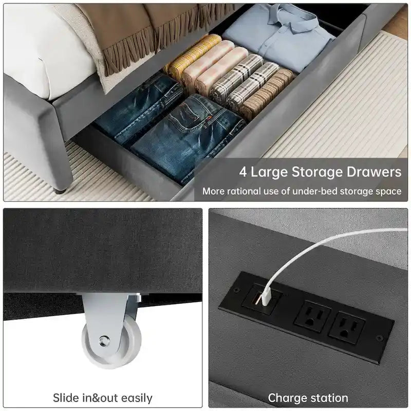Upholstered Platform Bed Frame with Trundle and 4 Storage Drawers