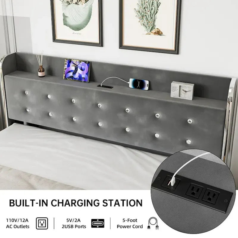 Upholstered Platform Bed Frame with Trundle and 4 Storage Drawers