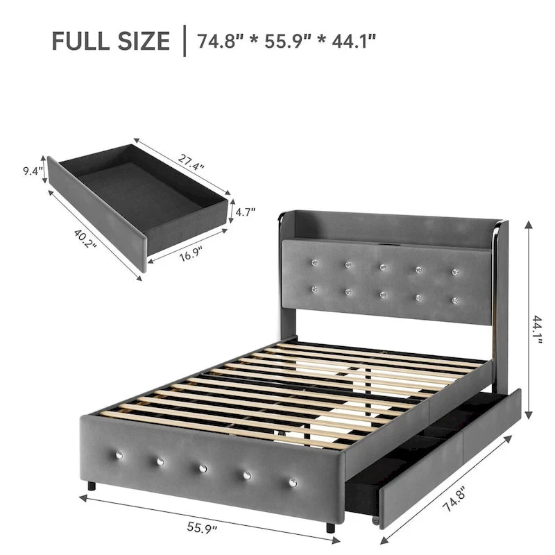 Upholstered Platform Bed Frame with Trundle and 4 Storage Drawers