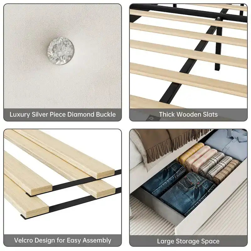 Upholstered Platform Bed Frame with Trundle and 4 Storage Drawers