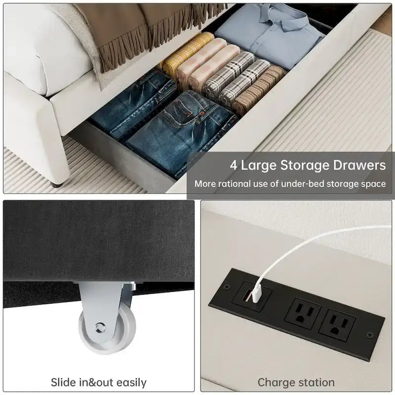 Upholstered Platform Bed Frame with Trundle and 4 Storage Drawers