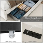 Upholstered Platform Bed Frame with Trundle and 4 Storage Drawers