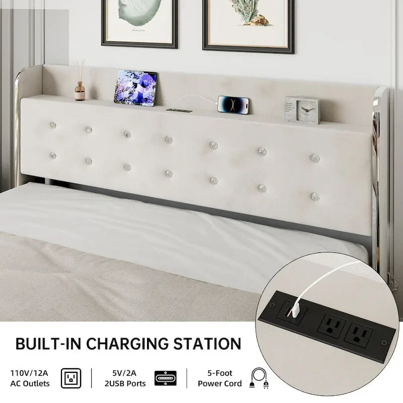 Upholstered Platform Bed Frame with Trundle and 4 Storage Drawers