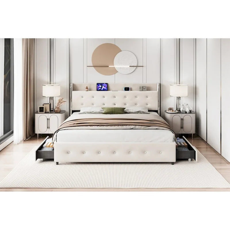 Upholstered Platform Bed Frame with Trundle and 4 Storage Drawers