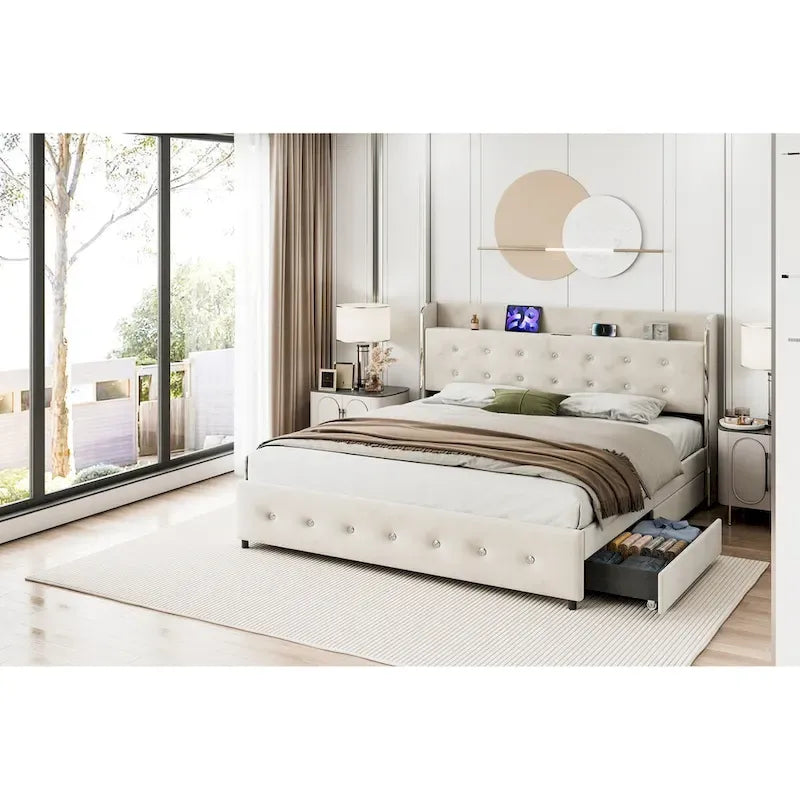 Upholstered Platform Bed Frame with Trundle and 4 Storage Drawers