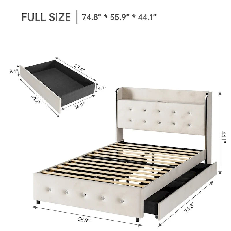 Upholstered Platform Bed Frame with Trundle and 4 Storage Drawers