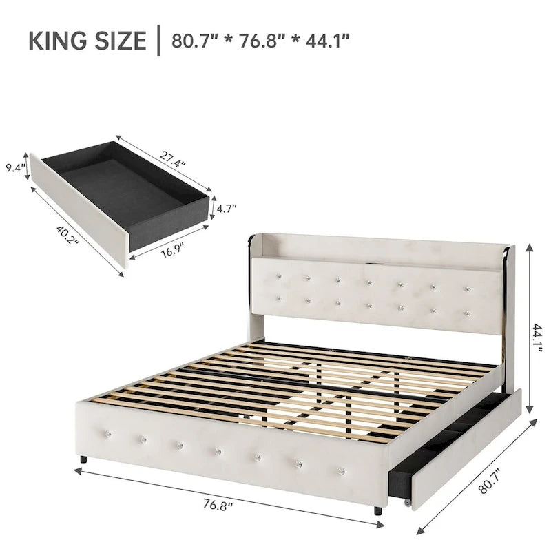 Upholstered Platform Bed Frame with Trundle and 4 Storage Drawers