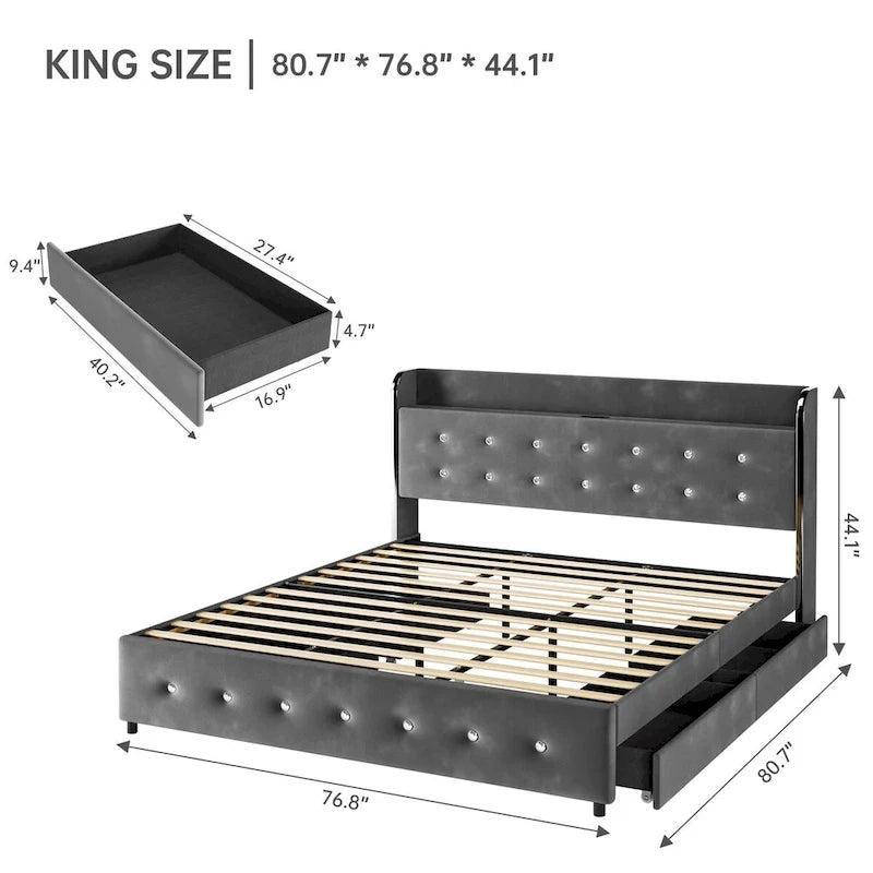 Upholstered Platform Bed Frame with Trundle and 4 Storage Drawers