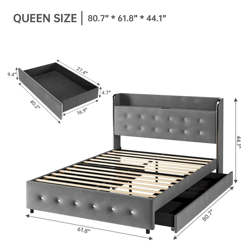 Upholstered Platform Bed Frame with Trundle and 4 Storage Drawers