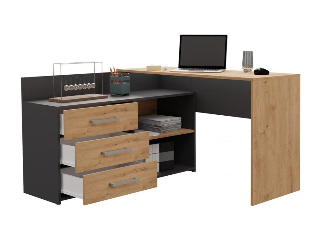 Meublori corner desk with 3 drawers, anthracite and oak wood, 120x50x76 cm