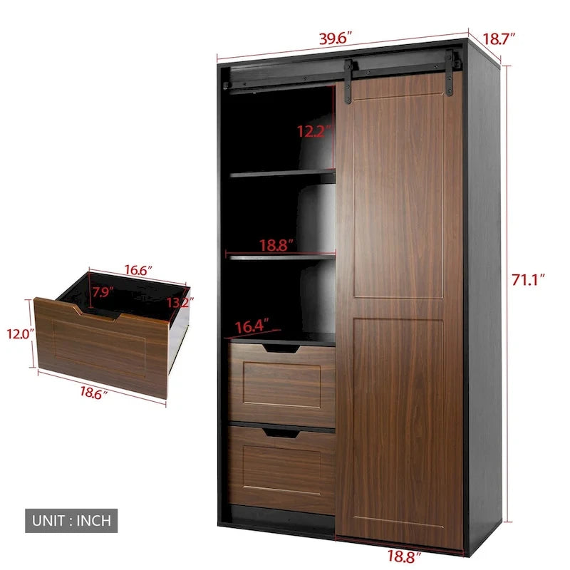 71-inch High wardrobe and cabinet, classic sliding barn door armoire