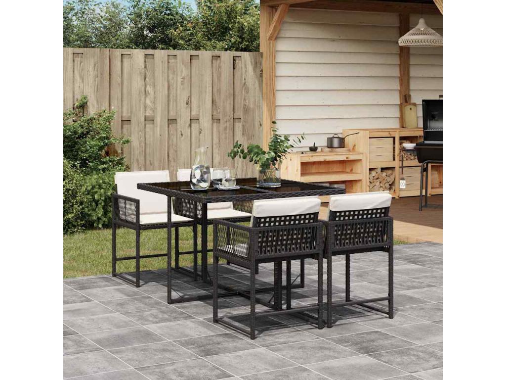 5-piece garden dining set with cushions, black woven resin