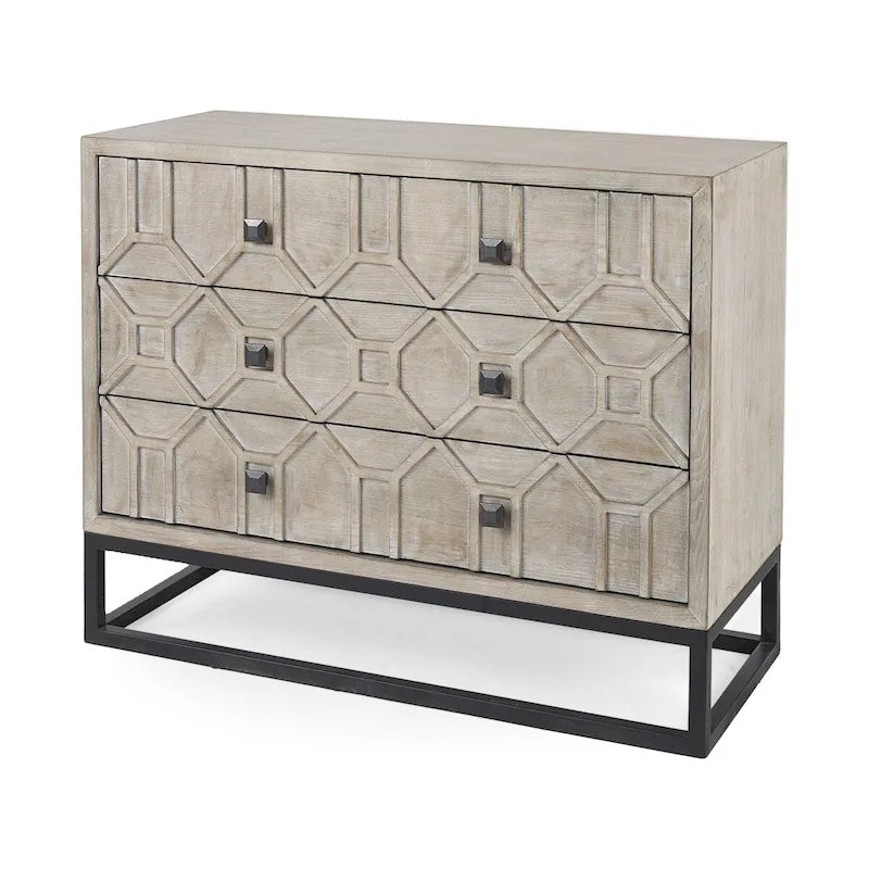 Genevieve I Gray Fir Veneer w/ Iron Frame & 3 Drawer Accent Cabinet - 39.0L x 15.7W x 30.9H