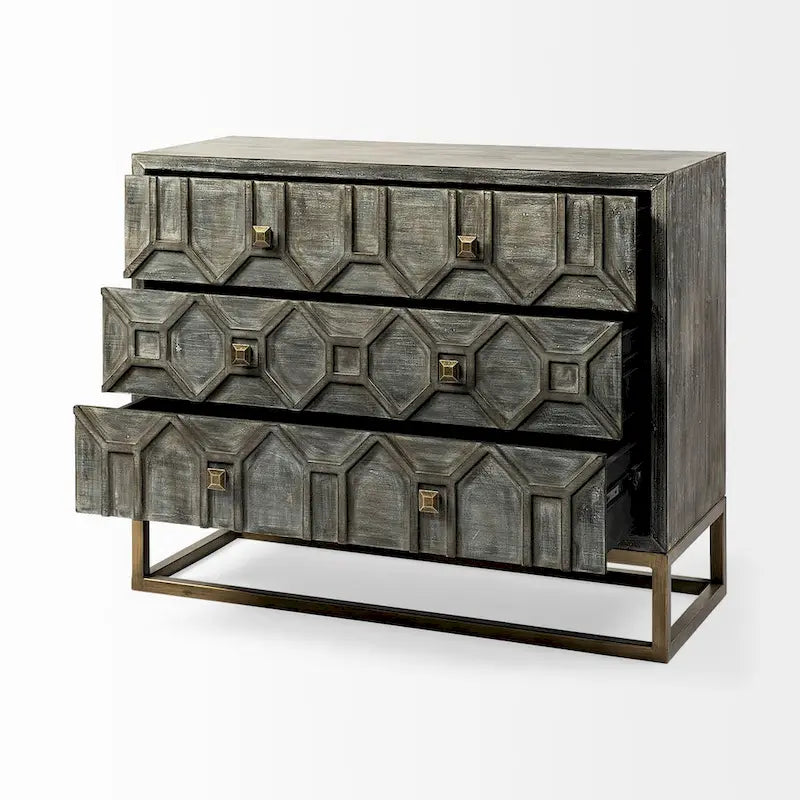 Genevieve I Gray Fir Veneer w/ Iron Frame & 3 Drawer Accent Cabinet - 39.0L x 15.7W x 30.9H