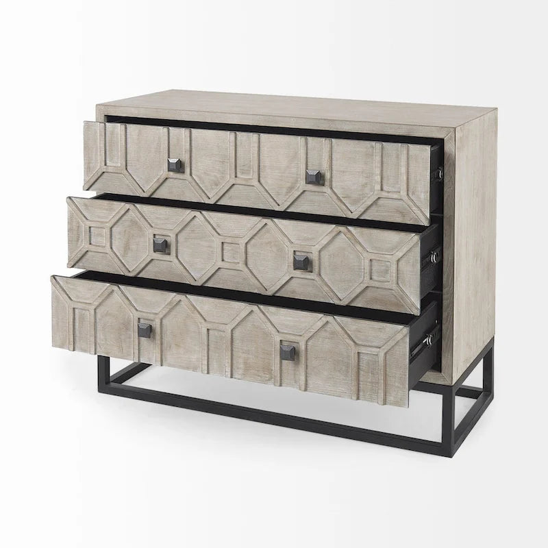 Genevieve I Gray Fir Veneer w/ Iron Frame & 3 Drawer Accent Cabinet - 39.0L x 15.7W x 30.9H