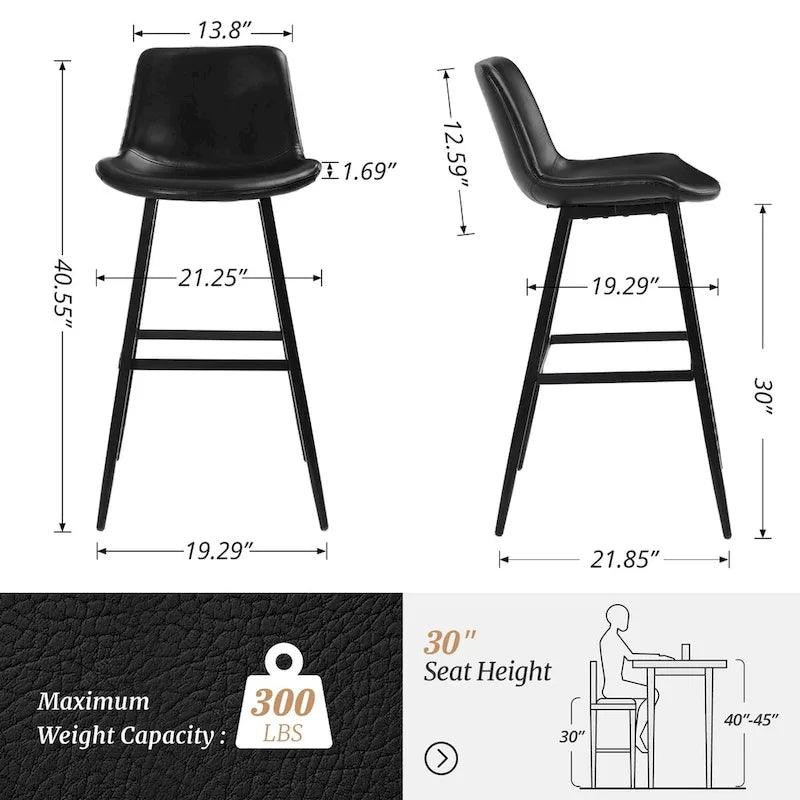LUE BONA Metal Frame Bar Stools Counter Height Stools with Faux Leather Seat (Set of 2)