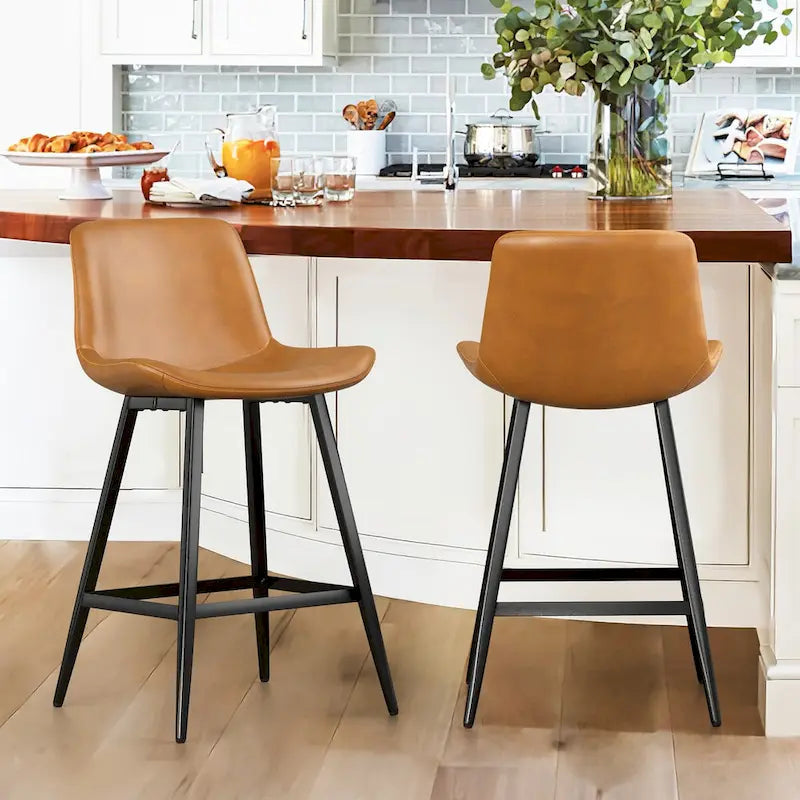 LUE BONA Metal Frame Bar Stools Counter Height Stools with Faux Leather Seat (Set of 2)