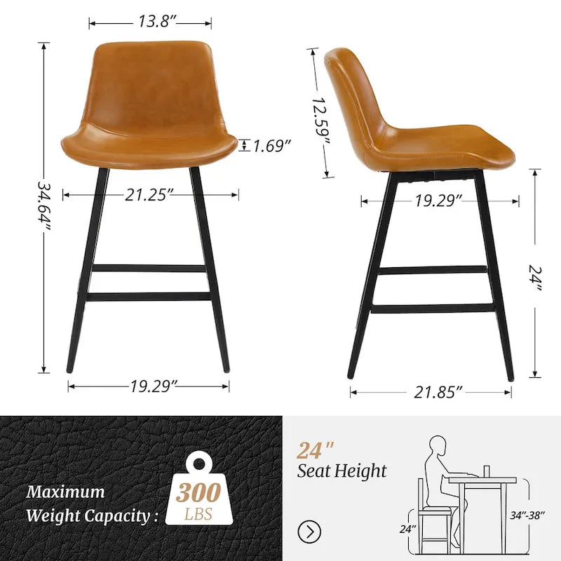 LUE BONA Metal Frame Bar Stools Counter Height Stools with Faux Leather Seat (Set of 2)
