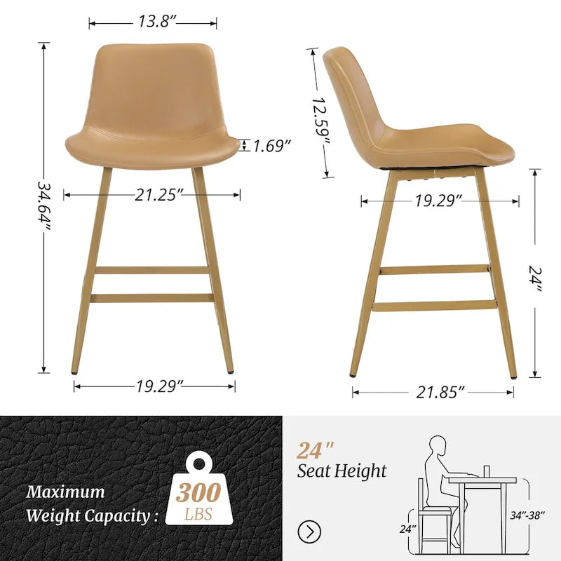 LUE BONA Metal Frame Bar Stools Counter Height Stools with Faux Leather Seat (Set of 2)