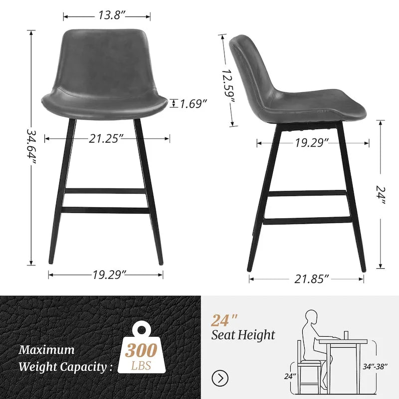 LUE BONA Metal Frame Bar Stools Counter Height Stools with Faux Leather Seat (Set of 2)