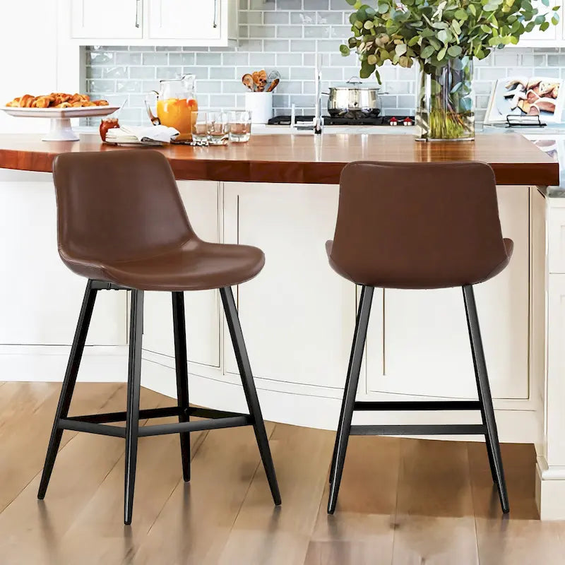 LUE BONA Metal Frame Bar Stools Counter Height Stools with Faux Leather Seat (Set of 2)