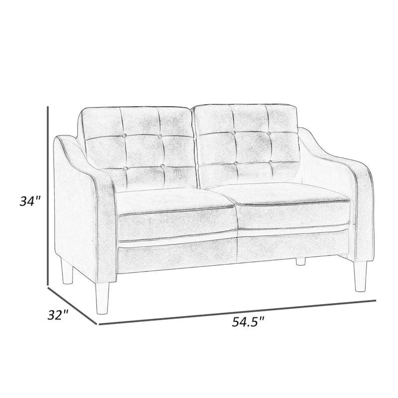 Orry 55 Inch Loveseat, Tufted Back, Brown Microfiber, Black Solid Wood