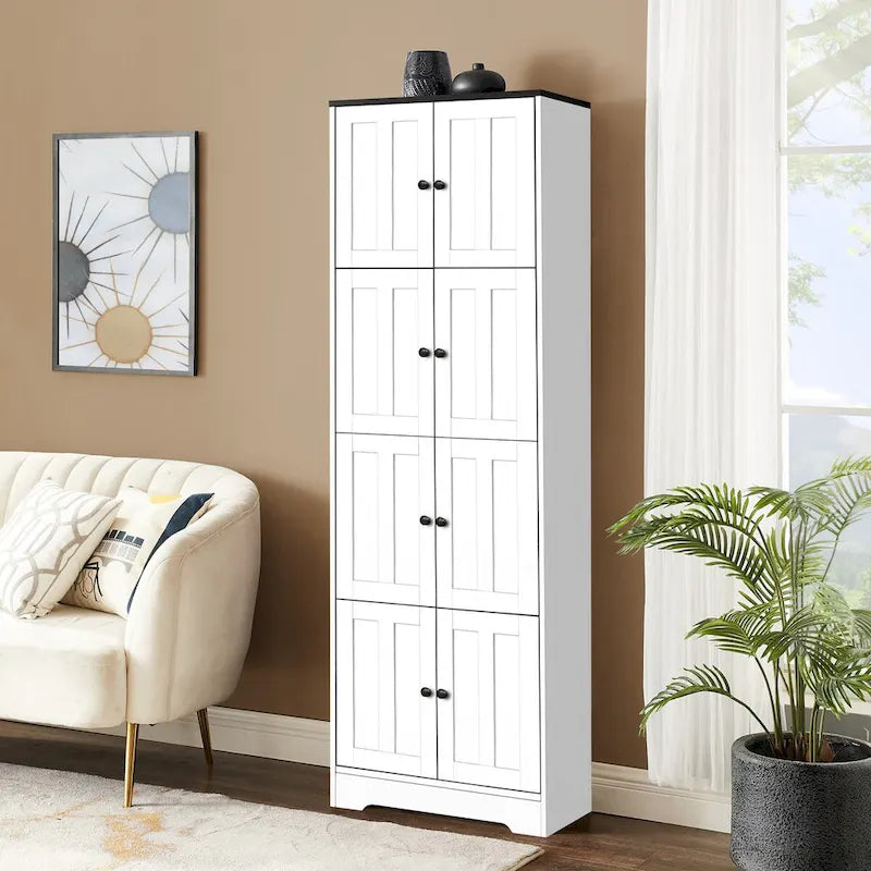 Tall Storage Cabinet with 8 Doors and 4 Shelves, Wall Storage Cabinet for Living Room, Kitchen, Office, Bedroom, Bathroom