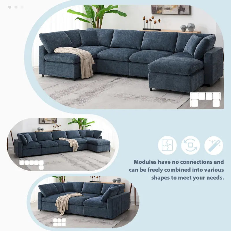 Modular 6-Seat Chenille Sectional Sofa Bed with Ottoman, Convertible U-Shape,Dark Blue