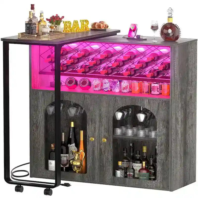 Folding Kitchen Island with Cabinet, Counter Table with Charge Station