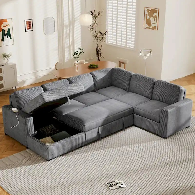 U-shaped Combination 6-Seat Corner Sofa with Storage Lounge Chair and USB Interfaces