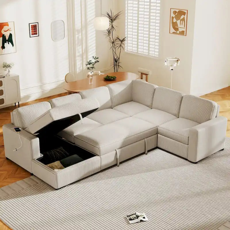 U-shaped Combination 6-Seat Corner Sofa with Storage Lounge Chair and USB Interfaces