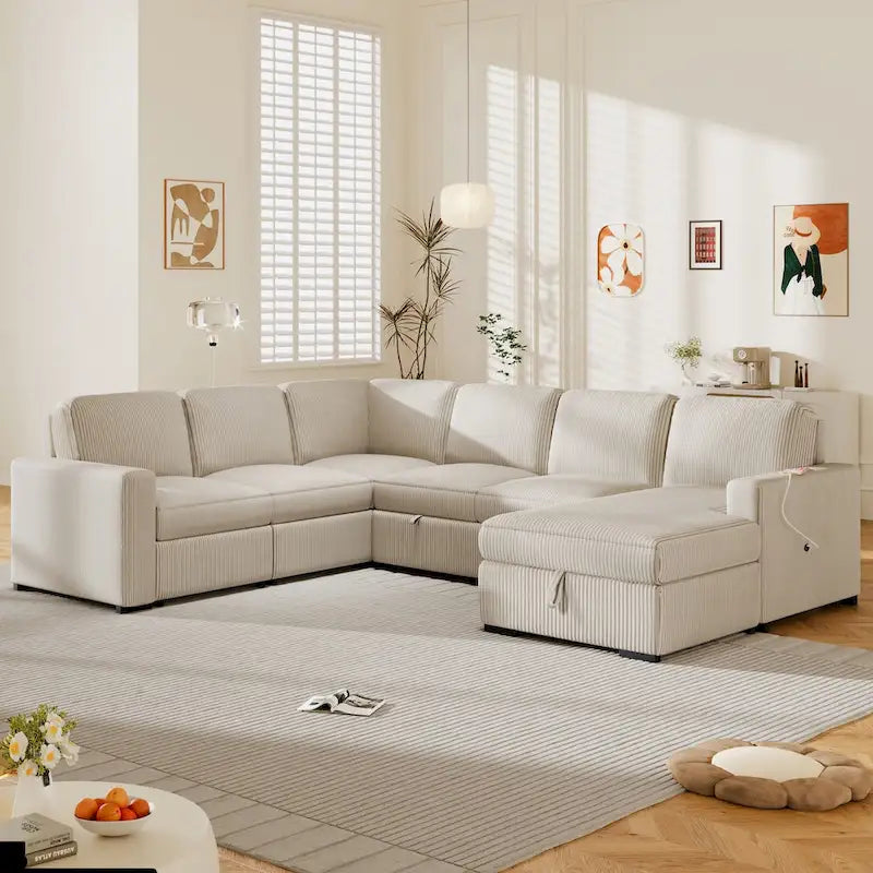 U-shaped Combination 6-Seat Corner Sofa with Storage Lounge Chair and USB Interfaces